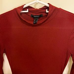 Ribbed Mock Neck Knee Length Long Sleeve Burgundy Dress